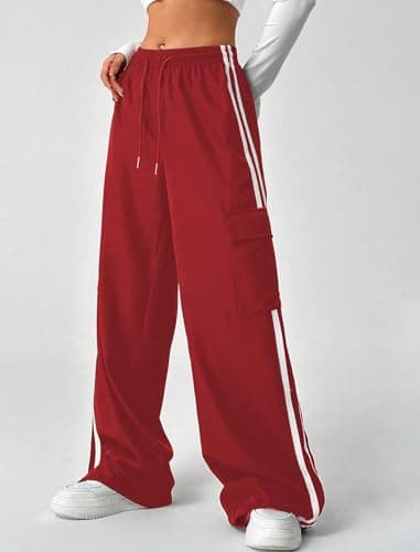 ZAFUL Womens Parachute Pants Y2K Wide Leg Cargo Sweatpants Drawstring Waist Jogger Pants with Pockets 2-Red L - Thumbnail 4