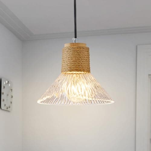 Dalouguan Pendant Light with Clear Striped Glass Lampshade, Boho Hemp Rope Woven Vintage Chandelier, Adjustable Height Hanging Island Light for Dining Room Living Room Hallway