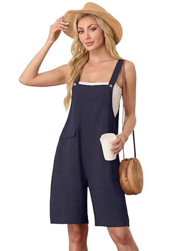 HiMONE Womens Summer Jumpsuit Sleeveless Casual Romper Overalls With Square Neck And Pockets (Navy Blue-L) - Thumbnail 4