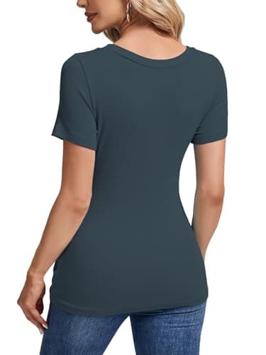 C.O.Z.Y Womens Short Sleeve Scoop Neck Tops Ribbed Knit Basic Tee Casual Summer Fitted Shirts Trendy Outfits Blue - Thumbnail 4