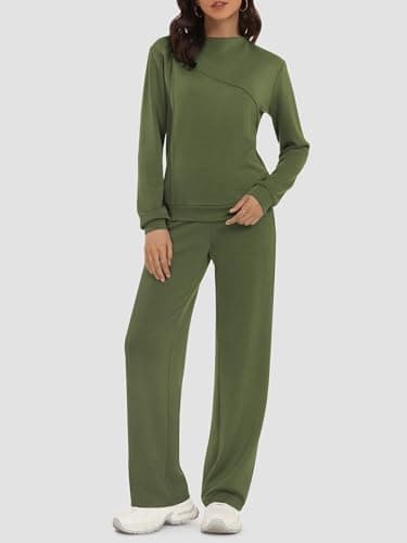 Casly Lamiit Womens Two Piece Lounge Set Fall Casual Travel Outfits Mock Neck Sweatshirt Wide Leg Pants 2025 Matching Airport Tracksuit Army Green XL - Thumbnail 2