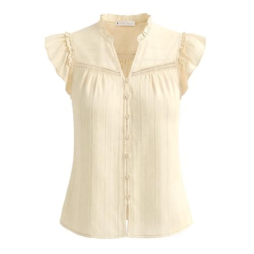 Belle Poque Women's Ruffle Short Sleeve Cotton Shirts V Neck Button Down Lace Crochet Blouses Spring Summer Dressy Casual Tops 2026 Apricot L - Image 1