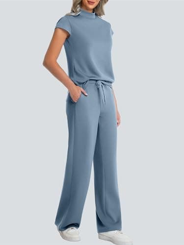 Casly Lamiit 2 Piece Outfits for Women Mock Neck 2 Piece Outfits Cap Sleeve Tops Pant Sets Summer Travel Airport Casual Beach Cruise Outfit Blue Grey XL - Thumbnail 4