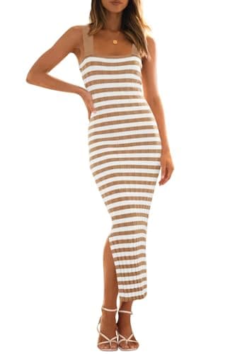 MEROKEETY Womens Summer Striped Bodycon Midi Dress 2026 Beach Vacation Sleeveless Tank Ribbed Knit Baby Shower Sweater Dress, Khaki, M - Image 1