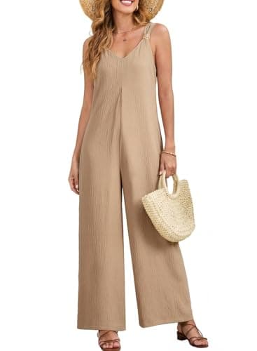 Acelitt Women Casual 2026 One Piece Jumpsuits Dressy Fashion Summer V Neck Sleeveless Loose Wide Leg Long Pant Rompers Outfits Beige XL - Image 1