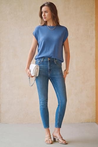 Arach&Cloz Womens Spring Blue Summer Blouse Short Sleeve Oversized Sweaters Capsule Wardrobe 2026 Cashmere Lightweight Crew Neck Business Casual Work Tops Teacher Outfits Fashion Trendy S - Thumbnail 5