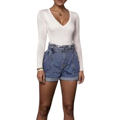 Bolsamila Women's Long Sleeve V-Neck Bodysuit Sexy Thong Bodysuit Shirts Slim Fit Going Out Tops (White, M) - Thumbnail 2