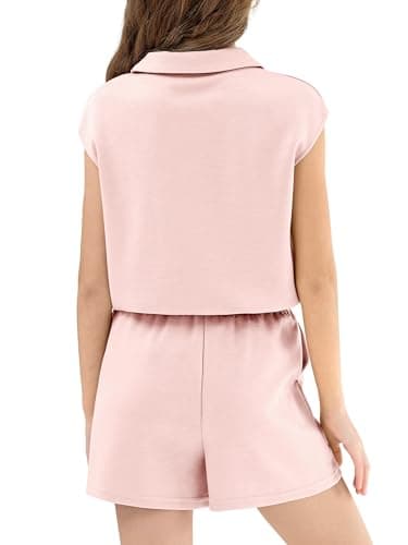 XMWEALTHY Two Piece Set for Girls Cap Sleeve Tween Girls Trendy Clothes and Oversized Shorts With Pockets Soft Summer Outfits for School Active Days Travel Light Pink 9-10T - Thumbnail 4