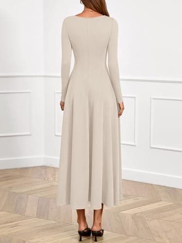 BTFBM Spring Dresses for Women 2026 Trendy Boat Neck Long Sleeve A Line Flowy Knit Loose Casual Elegant Party Maxi Dress(Beige, Large) - Thumbnail 3