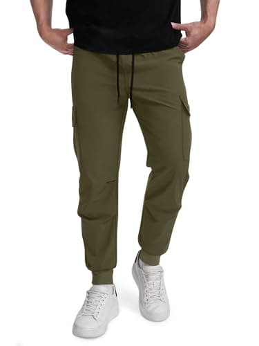 Crastimo Men's Tapered Slim Fit Cargo Pants Lightweight Athletic Sweatpants 5 Pockets Elastic Waist Drawstring Slim Fit Workout Running Travel Casual Army Green M - Thumbnail 2