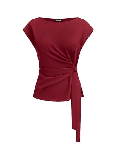 BTFBM Womens Tops Summer 2026 Cap Sleeve Crew Neck Tie Waist Blouses Dressy Casual Business Work Clothes Early Fall Fashion(Red, Medium) - Image 1
