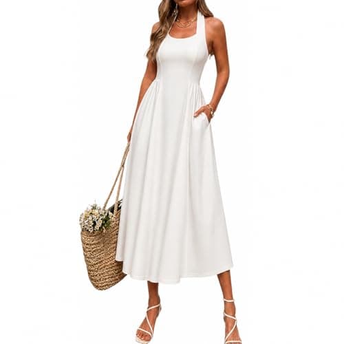 materasu Women Halter Neck Midi Dress with Pocket Backless Tie Waist Sleeveless Summer Dress White - Image 1