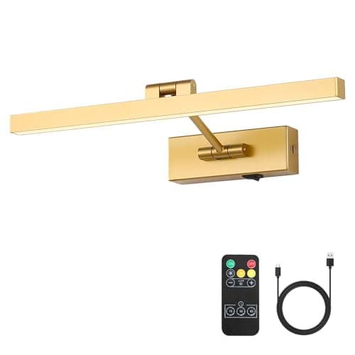 JOOSENLUX Dimmable Battery Operated Picture Light - Wireless Art Display, Single-Rod Swing Arm LED Fixture - Adjustable 16" Long Gold Wall Light for Paintings. - Image 1