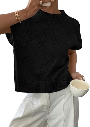 PRETTYGARDEN Women's 2026 Spring Sweater Vest Trendy Flower Knit Short Sleeve Cute Pullover Tank Tops Summer Fashion Clothing (Black,XX-Large) - Image 1