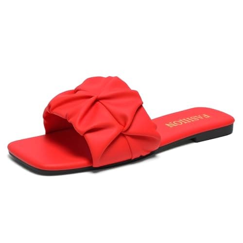 EcooInviv Women's Pleated Square Toe Slide Sandals, Trendy Flat Sandals with Open Toe, Lightweight Summer Shoes for Wedding, Beach & Daily Wear - Image 1