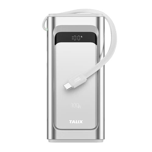TALIX 10000mAh Portable Charger, 3-Port USB-C Power Bank, 100W Max Fast Charging Battery Pack with Built-in Cables for iPhone 17/16/15 Pro Max,iPad,Samsung Galaxy,Phone, TSA Approved Travel, Silver - Image 1