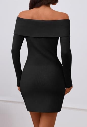 MEROKEETY Women's Sexy Off Shoulder Sweater Dress 2026 Winter Spring Long Sleeve Bodycon Club Night Out Mini Dresses, Black, Small - Thumbnail 4