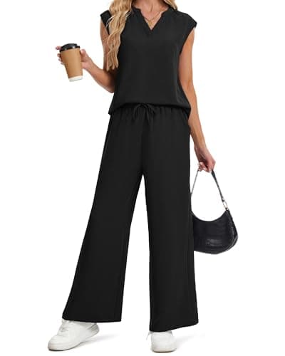 IEEILULU Two Piece Sets for Women V Neck Sleeveless Tank Tops and Wide Leg Pants Sets Vacation Outfits (Black, S) - Image 1