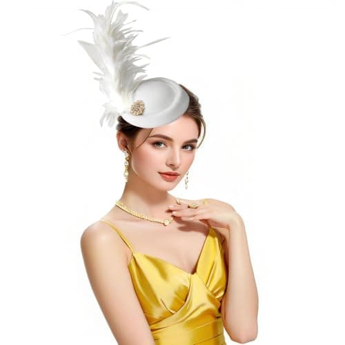 RiJinDuoJin Fascinators Hat Feathers Headband and Clip 20s 50s Pillbox Hats Cocktail Tea Party Headwear - Handmade Derby Hair Clip Feathers Fascinators for Girls and Women - White