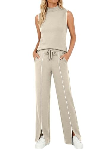 Casly Lamiit Two Piece Sets for Women Summer Outfits Mock Neck Tank Top Front Slit Pants Airport Travel Lounge Wear Striped Tracksuits Dark Beige 2XL - Image 1