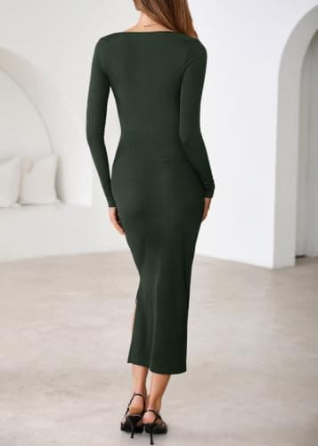 Lazysmile Women's 2026 Fall Long Sleeve Bodycon Maxi Dress Crew Neck Button Down Side Slit Knit Casual Dresses Army Green - Thumbnail 2