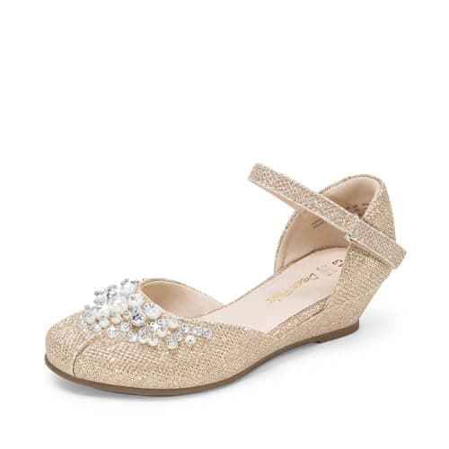 DREAM PAIRS Girls Dress Shoes, Glittering Low Wedge Heels with Pearls Rhinestones, Soft Cushioning, Hook-and-Loop Straps, Non-Slip Outsole, Party Formal Wear, Size 6 Big Kid,Gold-Glitter,SDFL2414K - Image 1