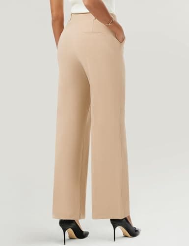 AVAMO Wide Leg Dress Pants for Women Pull On Stretchy Work Pants with Pockets High Elastic Waist Office Business Khaki - Thumbnail 2