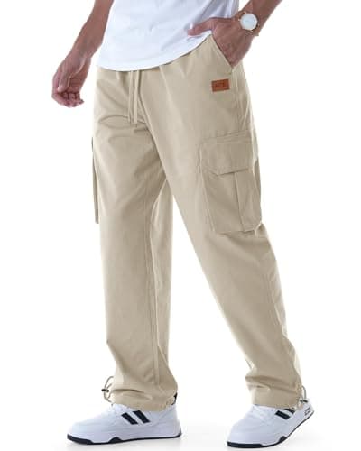 CANGHPGIN Mens Casual Cargo Pants Relaxed Fit Outdoor Travel Hiking Pants Men Drawstring Cotton Joggers Sweatpants with Pockets Light Grey - Image 1