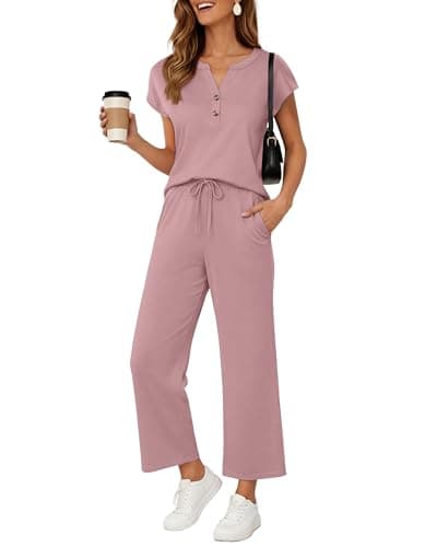 JINKESI Two Piece Sets for Women Summer Outfits Lounge Sets V-neck Tops Wide Leg Pants Vacation Travel Casual Outfit Purple Pink-M - Image 1