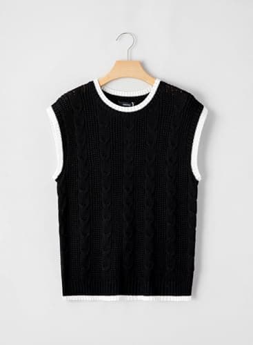 Dokotoo White Tank Top Round Neck Cap Sleeve Color Block Cable Knit Womens Tops Tank Top for Women Sweater Vest Women Vest for Women Black Large - Thumbnail 4