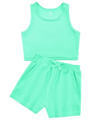 Stelle Girls Athletic Sets, Scoop Neck Ribbed Crop Tops Elastic Waist Shorts With Pockets 2 Piece Outfits, Girls Summer Outfits 5T, Mint Green, X-Small - Image 1