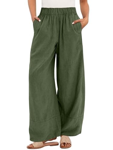 ANRABESS Women's Wide Leg Linen Pants Summer Boho Casual Elastic Waist Long Lounge Travel Pants Trousers with Pockets Deep Green X-Large - Image 1