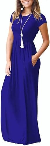DEARCASE Maxi Dress for Women Dark Blue X-Large Crewneck Short Sleeve Sundresses Wedding Guest A-line Casual Loose Party Vintage Spring Summer Vacation Flowy Beach Long Dresses with Pockets - Thumbnail 4