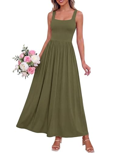 BTFBM Summer Dresses for Women 2026 Maxi Casual Square Neck Flowy Long Sundress Spring Wedding Guest Cocktail Dress(Army Green, XX-Large) - Image 1