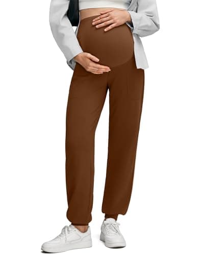 G4Free Maternity Sweatpants Over The Belly Pregnancy Athletic Pants Stretchy Tapered Leg Lounge Trousers with Pockets(Dark Coffee,XL,Petite) - Image 1