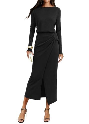 KIRUNDO Women’s Cocktail Wedding Guest Maxi Dress Lightweight Long Sleeve Boat Neck Knit Ruched Slit Slimming Dresses(Black, X-Large)