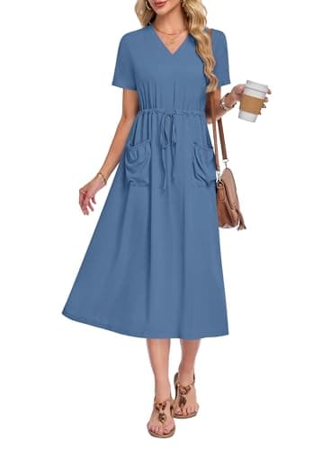 MOLERANI Women's Short Sleeve V-Neck Maxi Dress with Pockets — Adjustable Drawstring Waist for Summer Beach and Vacation Beja Blue, L - Image 1