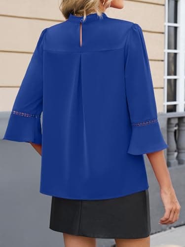 Funlingo 3/4 Length Sleeve Womens Tops Fashion Business Casual Work Blouses Dressy Mock Neck Pleated Shirt for Office Work Royal Blue S - Thumbnail 4