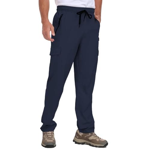 AGVNG Hiking Pants Men Water Resistant Quick Dry Cargo Pants with 4 Pockets Elastic Waist Drawstring UPF 50+ Lightweight Work Travel Outdoor Casual Navy Blue L - Thumbnail 2