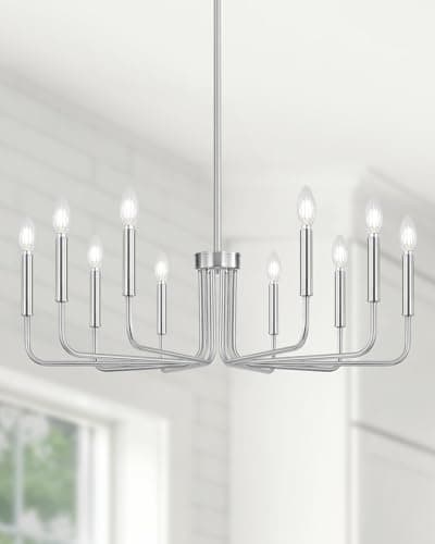 Yunnix 10 Light Brushed Nickel Chandelier, 33" Extra Large Modern Farmhouse Hanging Fixture - Sleek Silver Chandelier Dining Room Light for Kitchen Island, Living Room, Hall, Foyer