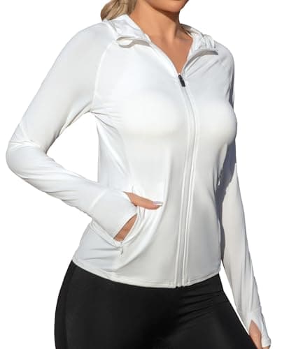 We1Fit Women's Athletic Hoodie UPF 50+ Sun Protection Jacket Long Sleeve Sun Shirt Yoga Gym Workout Cooling Shirts White - Image 1