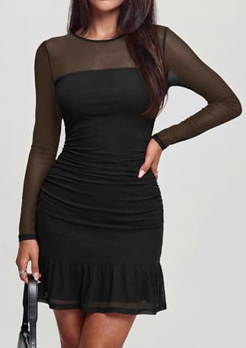 PRETTYGARDEN Women's Mesh Sheer Long Sleeve Ruched Bodycon Mini Dress 2026 Fall Cocktail Party Short Dresses with Ruffle Hem (Black,XX-Large) - Thumbnail 5