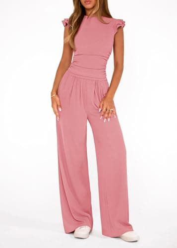 KIRUNDO Two Piece Sets For Women Dressy 2026 Summer Cap Sleeve Cute Tops Wide Leg Pants Spring Matching Set Vacation Outfits(Pink, X-Large) - Thumbnail 5