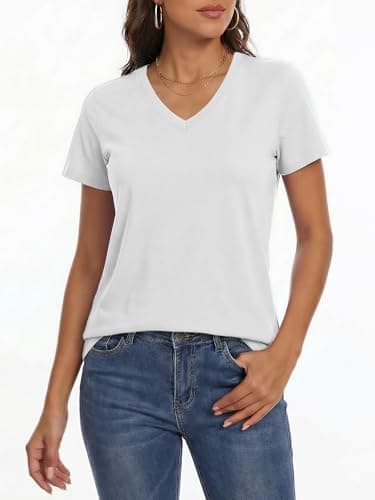 LaGracia Women's Cotton T Shirt V-Neck Short Sleeve Shirt Classic-Fit Casual Breathable Tee Summer Basic Tops White S - Thumbnail 2