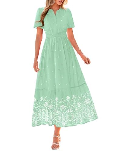 BTFBM Summer Dresses for Women 2026 Casual V Neck Short Sleeve Flowy Wedding Guest Beach Vacation Floral Boho Maxi Dress(Grey Green White Flower, XX-Large) - Image 1