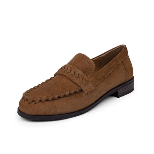 VIUGJNEX Suede Brown Caramel Loafers Women Dressy Penny Loafers Low Chunky Heel Slip-On Shoes for Women Business Casual Size 7 - Thumbnail 4