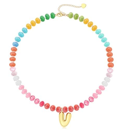 Btysun Bubble Necklace with Initial V, Bubble Necklace Letter Beaded Necklaces for Women Teen Gifts Trendy Stuff Colorful Gemstone Choker Gifts for Girlfriend Birthday Christmas Jewelry - Image 1
