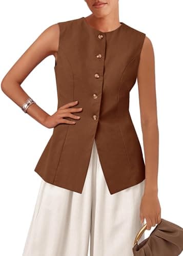 KIRUNDO Vest Tops for Women Trendy Dressy Business Casual Outfits 2026 Summer Sleeveless Fitted Blazer Work Suit Waistcoat(Brown, Large) - Image 1