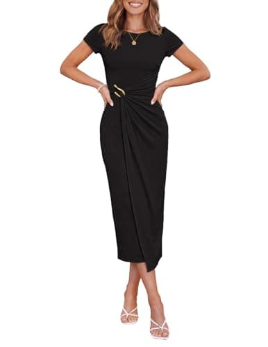 MEROKEETY Womens Summer Bodycon Wrap Midi Dress 2026 Formal Short Sleeve Asymmetrical Ruched Elegant Cocktail Party Dresses, Black, Medium - Thumbnail 2