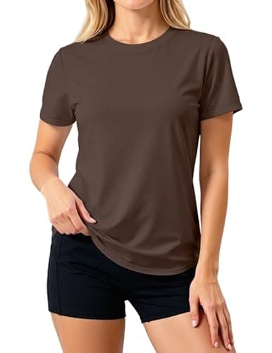 LETSEE Workout Short Sleeve Tops for Women Side Slit Hem Tee Crew Neck T-Shirt Lightweight Everyday Basic Top Brown - Image 1